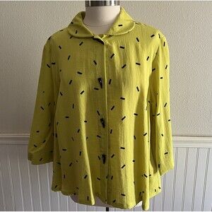 Fridaze 100% Linen Peter Pan Collar Button Up Blouse Geometric Print Lime Grn XL